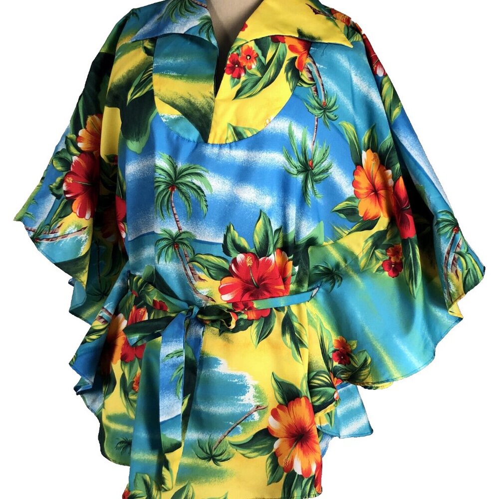 Vintage Shoreline Hawaii Kimona Top S / M Blue Tropical Dolman Sleeve '90s